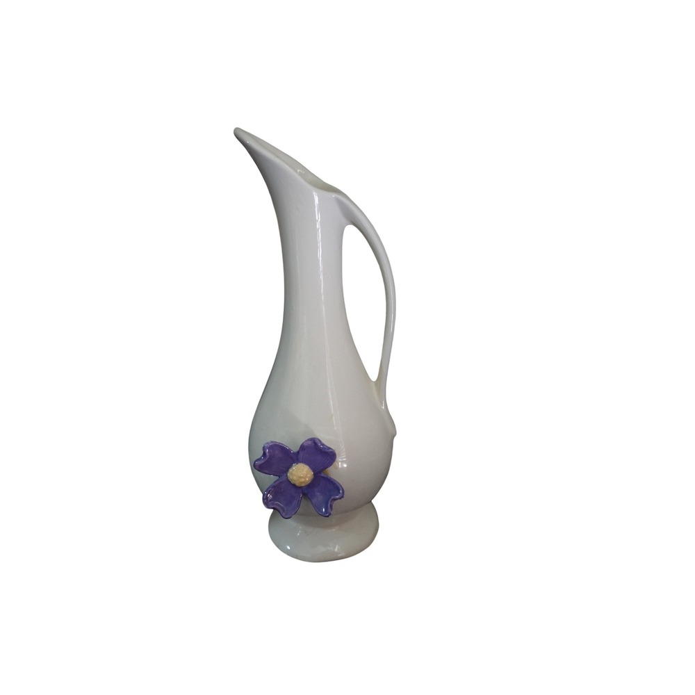 Vintage PF‎ White Ceramic Ewer Bud Vase Purple Applied Flower 8 Inch Pitcher